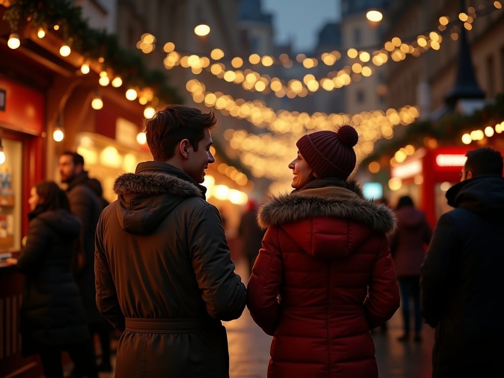 Famille visitant un marché de Noël au Royaume-Uni sous des lumières festives