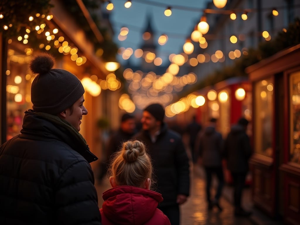 Famille visitant un marché de Noël au Royaume-Uni sous les lumières festives