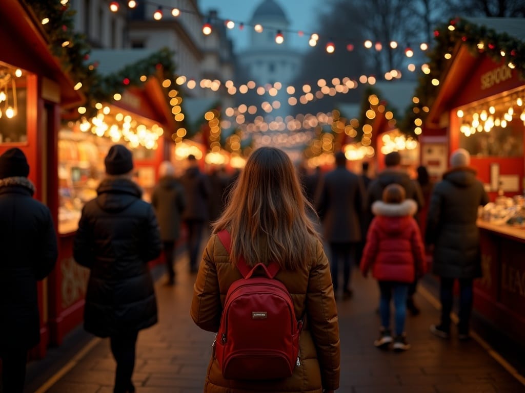 Famille visitant un marché de Noël britannique sous des lumières festives en soirée
