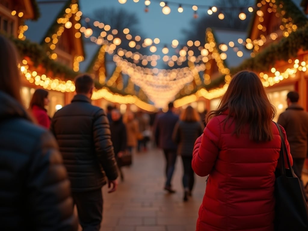 Famille visitant un marché de Noël britannique le soir sous des lumières festives