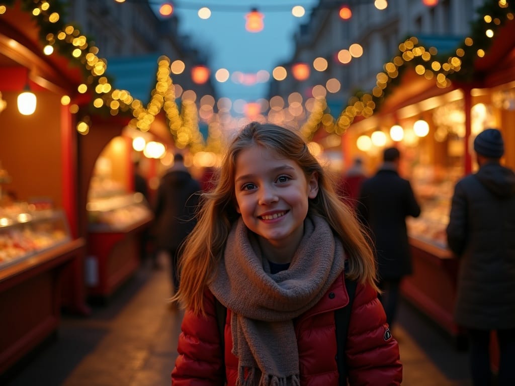 Famille profitant d’un marché de Noël britannique sous des lumières festives