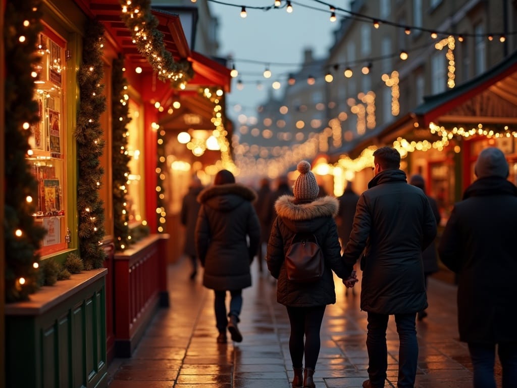 Famille visitant un marché de Noël au Royaume-Uni sous les lumières festives