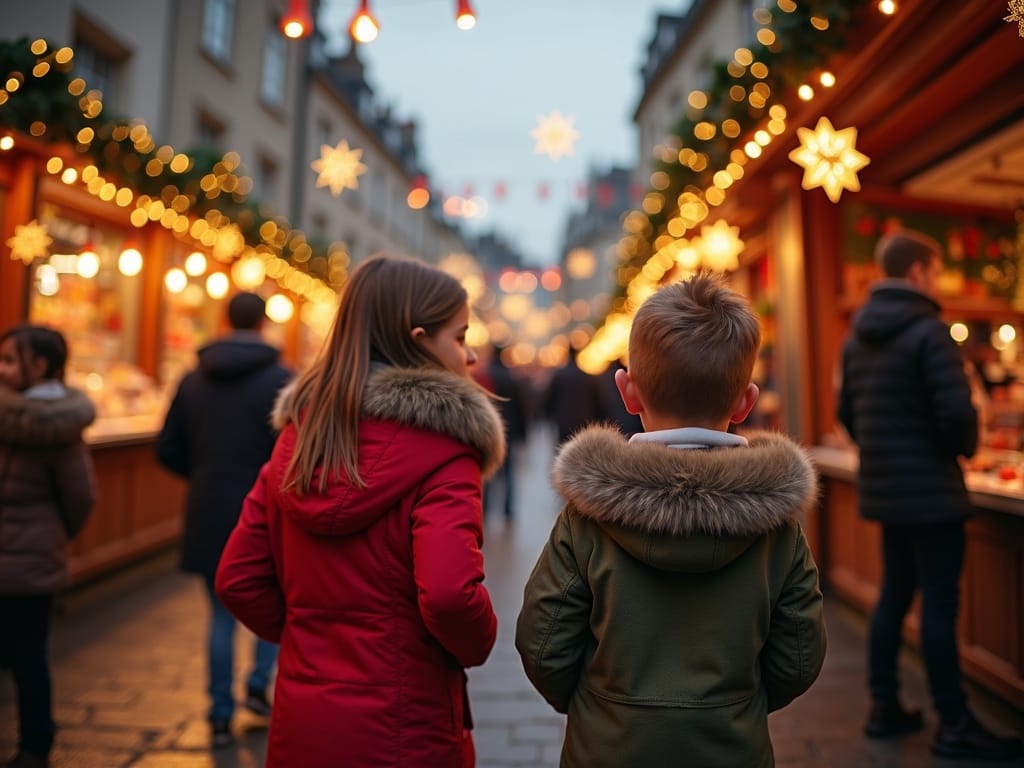 Famille explorant un marché de Noël au Royaume-Uni sous des lumières festives en soirée