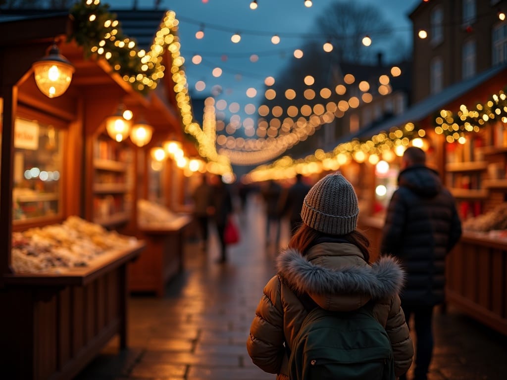 Famille française visitant un marché de Noël britannique illuminé le soir
