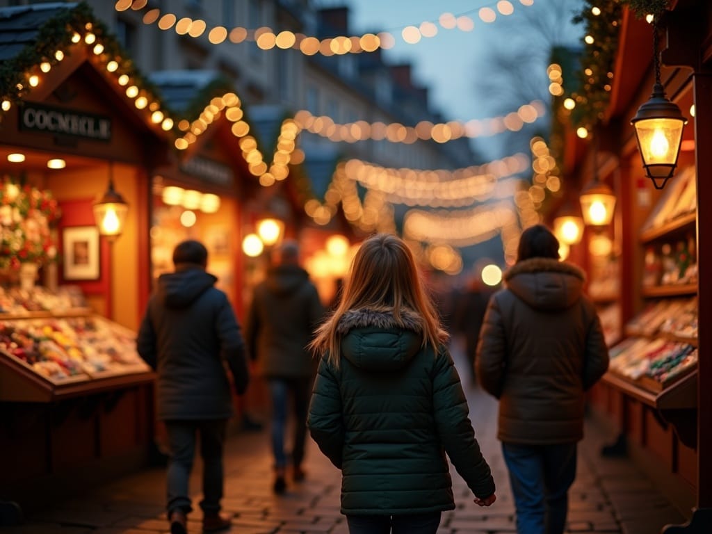 Famille française explorant un marché de Noël anglais illuminé