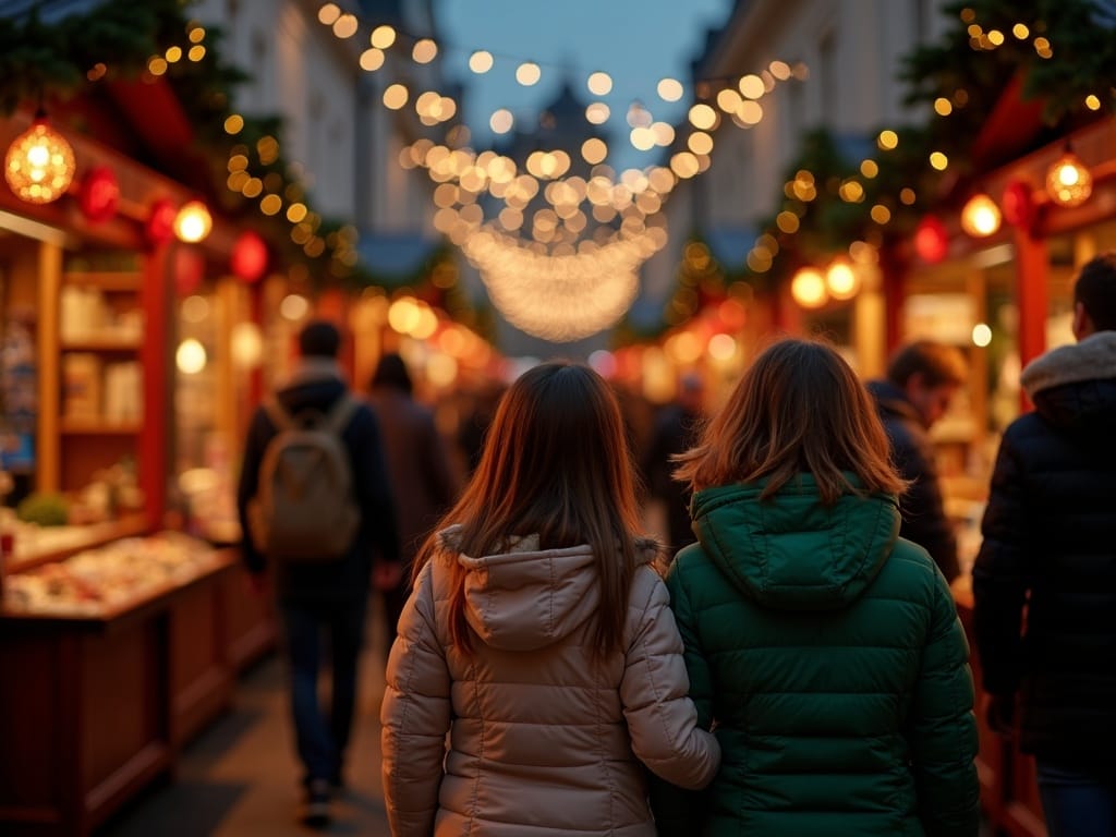 Famille française visitant un marché de Noël au Royaume-Uni sous des lumières festives en soirée