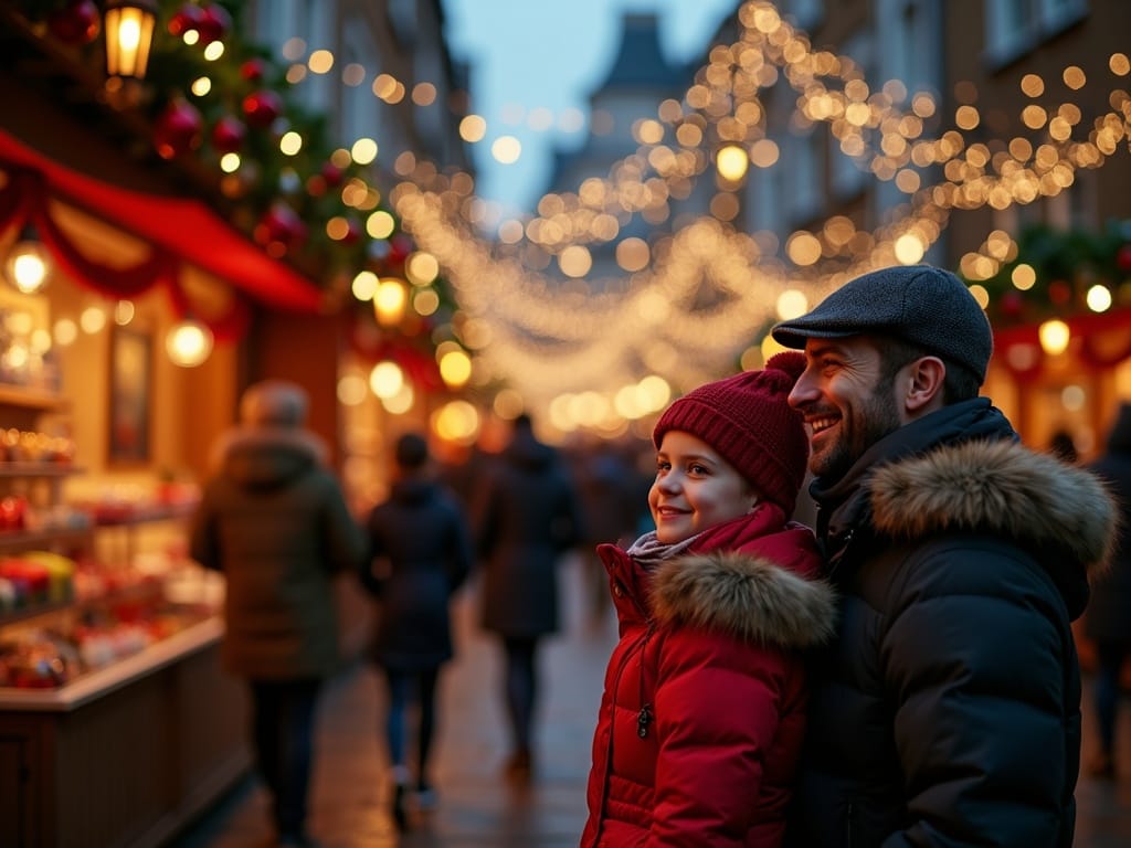 Famille explorant un marché de Noël britannique aux décorations rouges, vertes et dorées, sous des lumières festives du soir