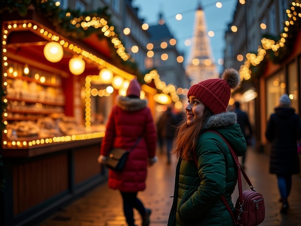 Famille française explorant un marché de Noël à Londres sous les lumières festives