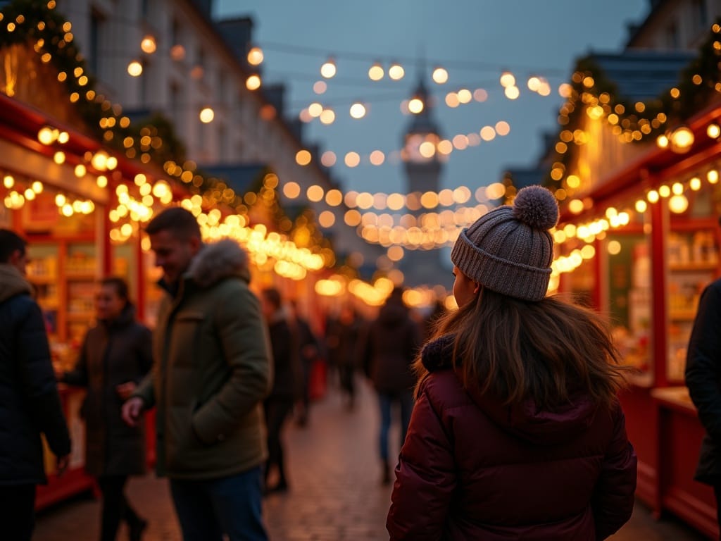Famille explorant un marché de Noël londonien sous des lumières festives en soirée