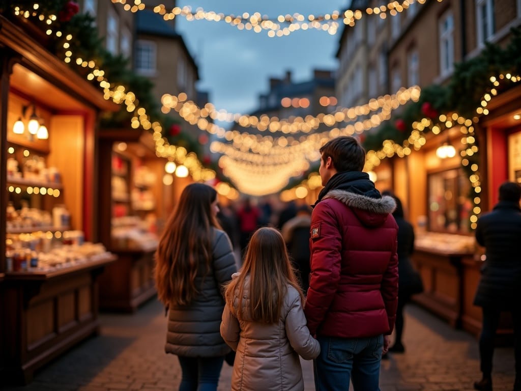 Famille explorant un marché de Noël au Royaume-Uni sous des lumières festives