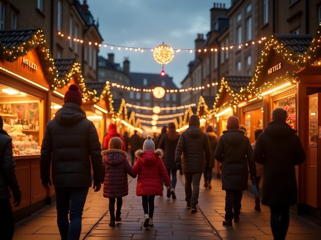 Famille explorant un marché de Noël britannique illuminé le soir