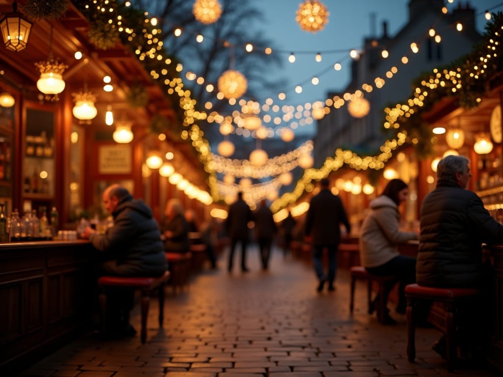 Famille visitant un marché de Noël au Royaume-Uni sous des lumières festives