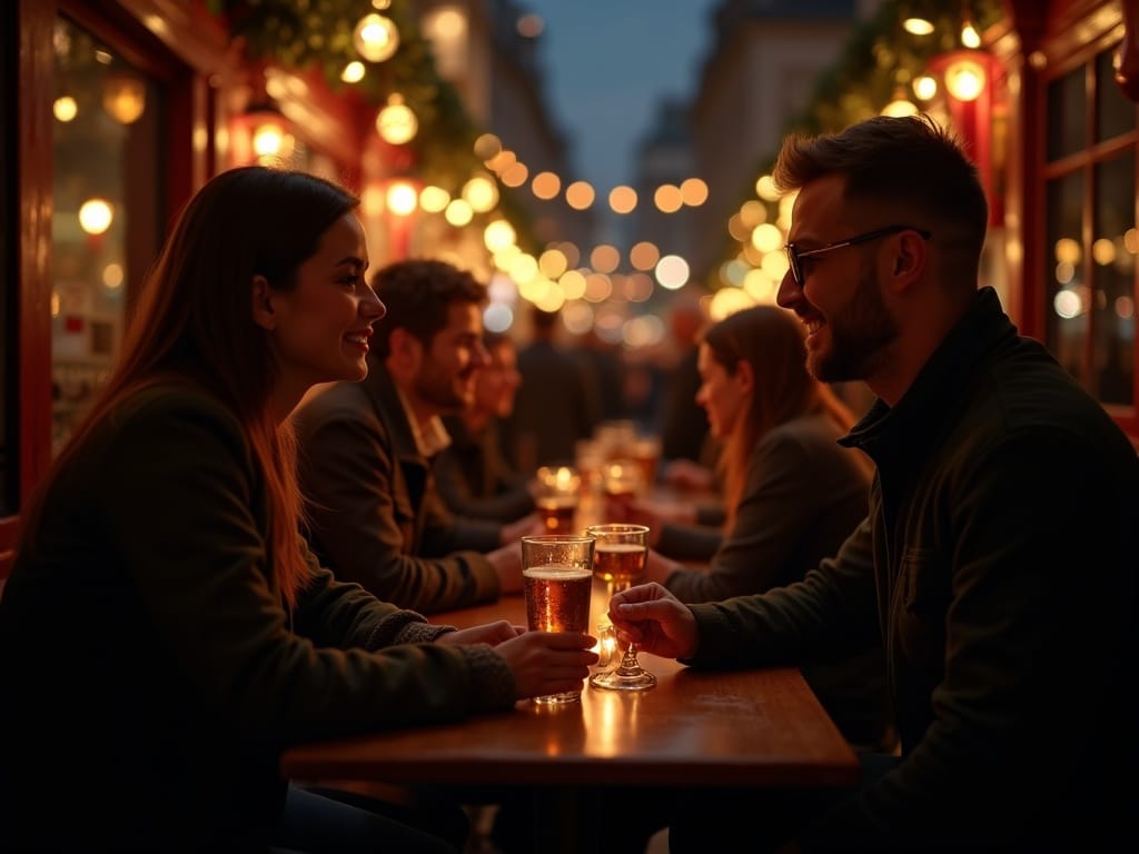 Famille profitant du marché de Noël au Royaume-Uni sous les lumières festives du soir