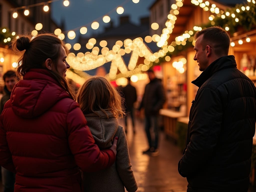 Famille explorant un marché de Noël au Royaume-Uni avec décorations festives