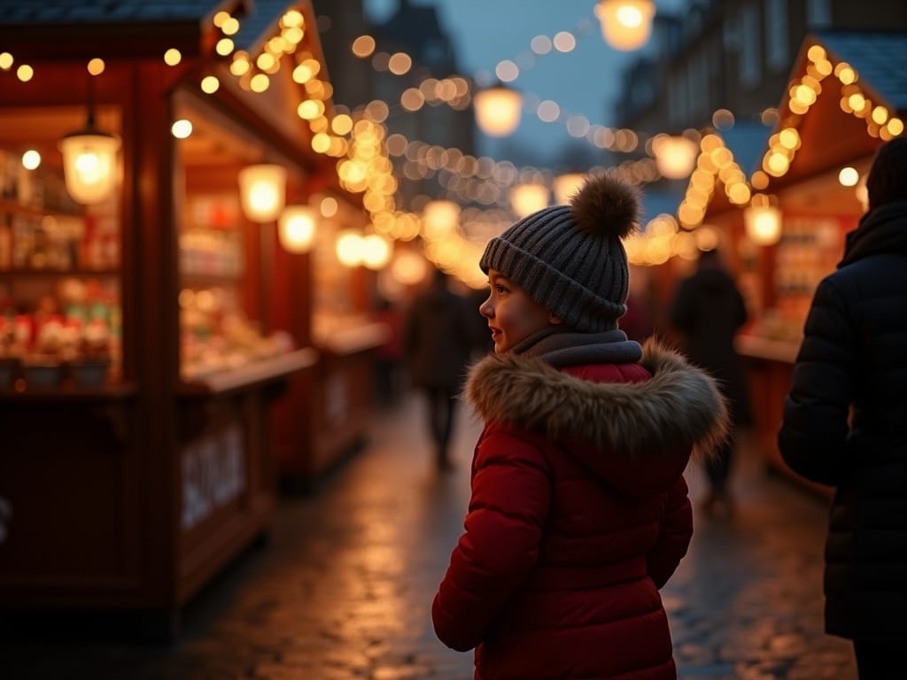 Famille française visitant un marché de Noël au Royaume-Uni en soirée sous les lumières festives