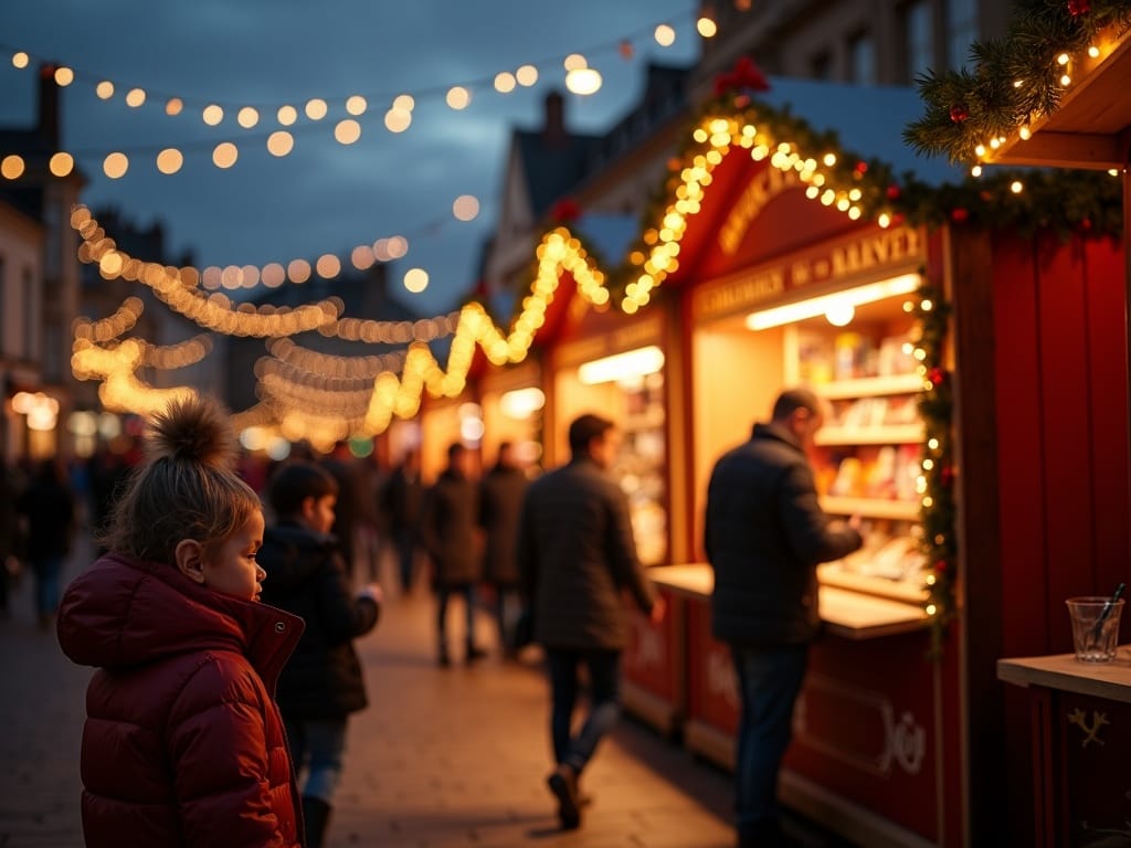 Famille explorant un marché de Noël au Royaume-Uni sous des lumières festives