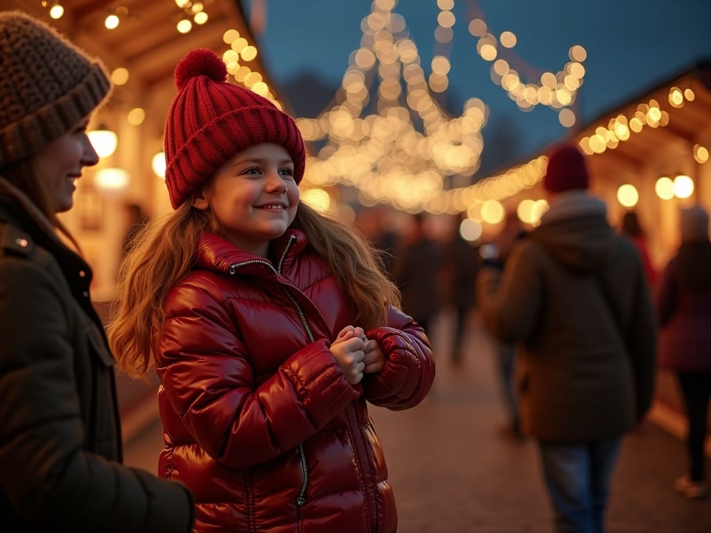 Famille française explorant un marché de Noël britannique sous des lumières festives