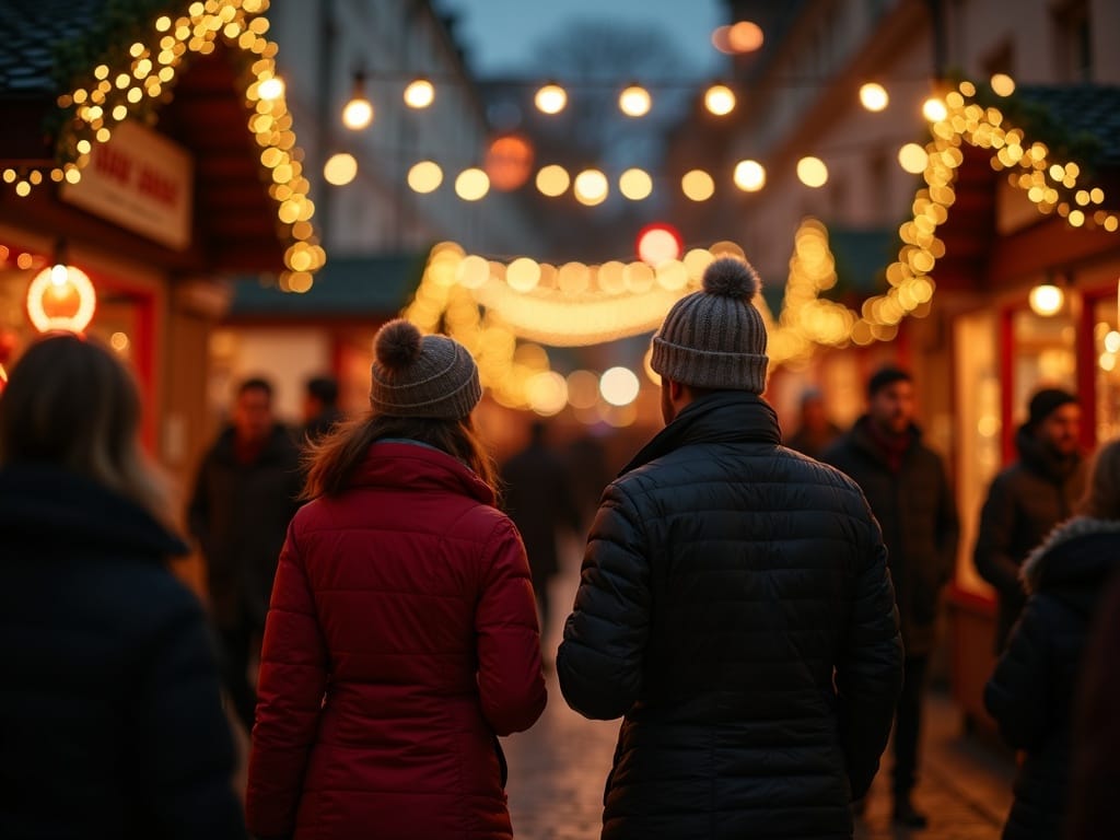 Famille française visitant un marché de Noël britannique en soirée