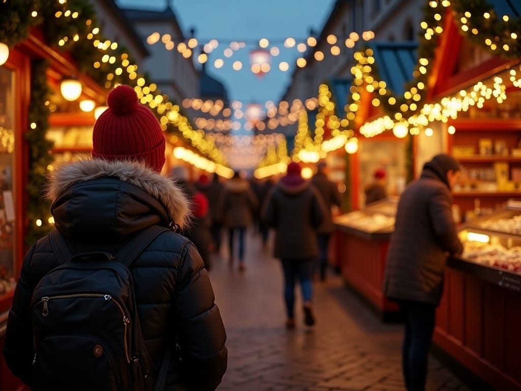 Famille visitant un marché de Noël au Royaume-Uni sous des lumières festives en soirée