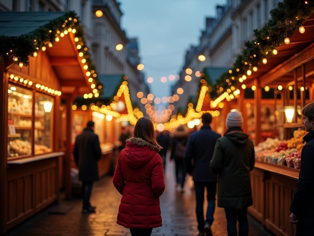 Famille française visitant un marché de Noël à Londres le soir