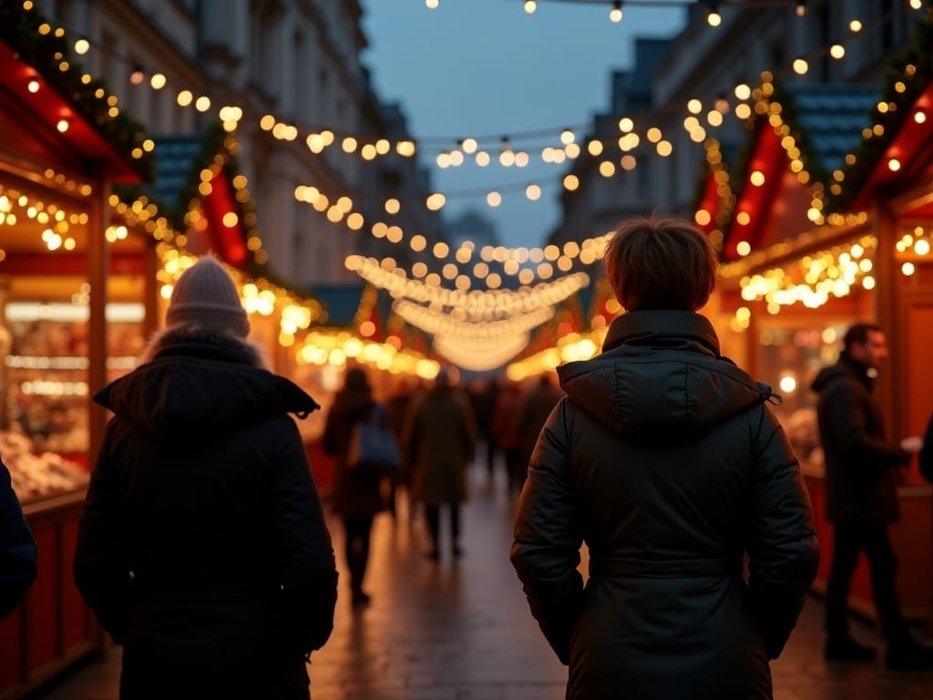 Famille française dans un marché de Noël britannique illuminé le soir
