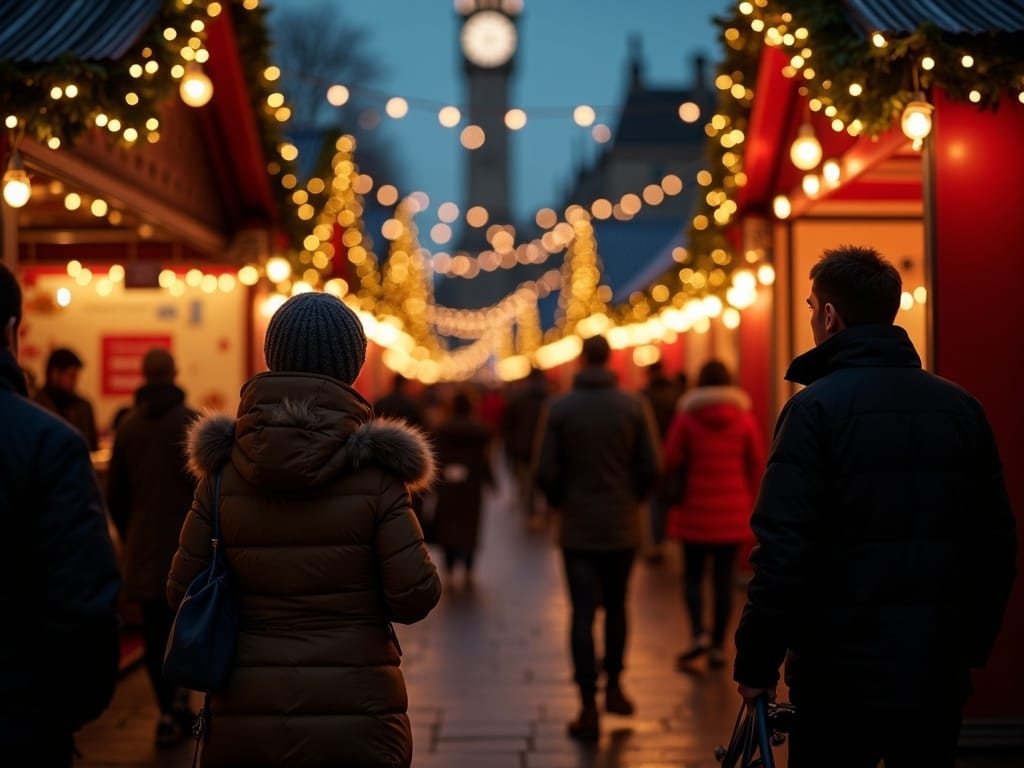 Famille française explorant un marché de Noël au Royaume-Uni sous des lumières festives