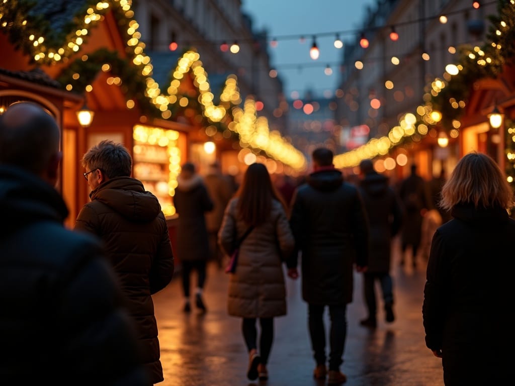 Famille française visitant un marché de Noël au Royaume-Uni sous des lumières festives