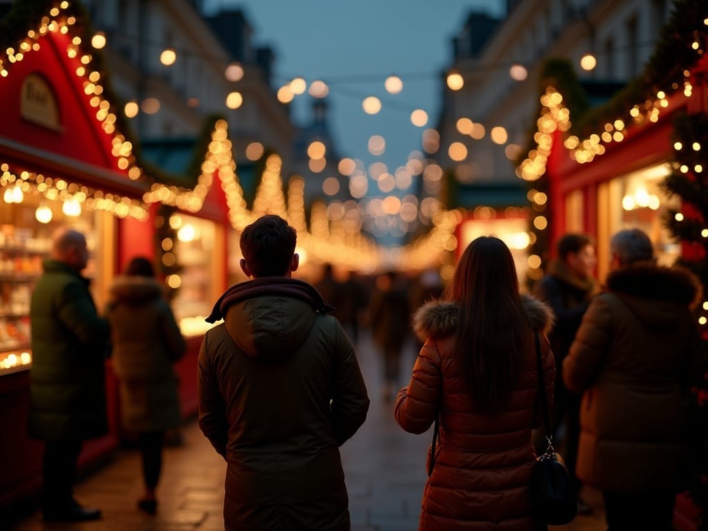 Famille française visitant un marché de Noël à Londres sous les lumières