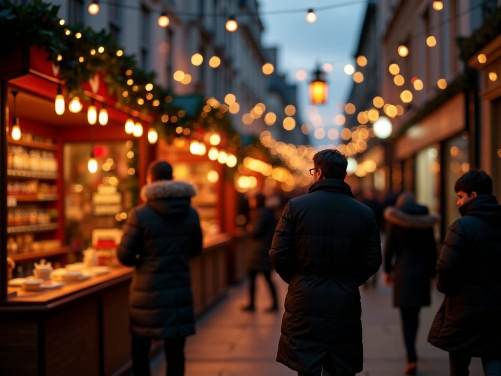 Famille française visitant un marché de Noël londonien illuminé en soirée