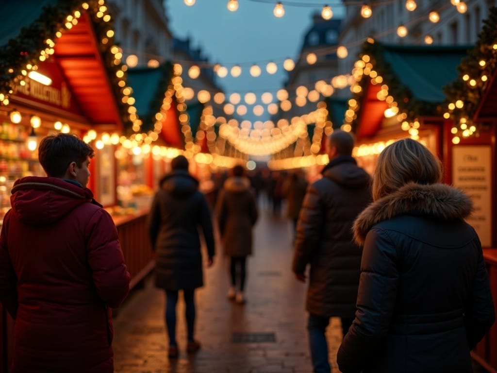 Famille française visitant un marché de Noël au Royaume-Uni sous des lumières festives