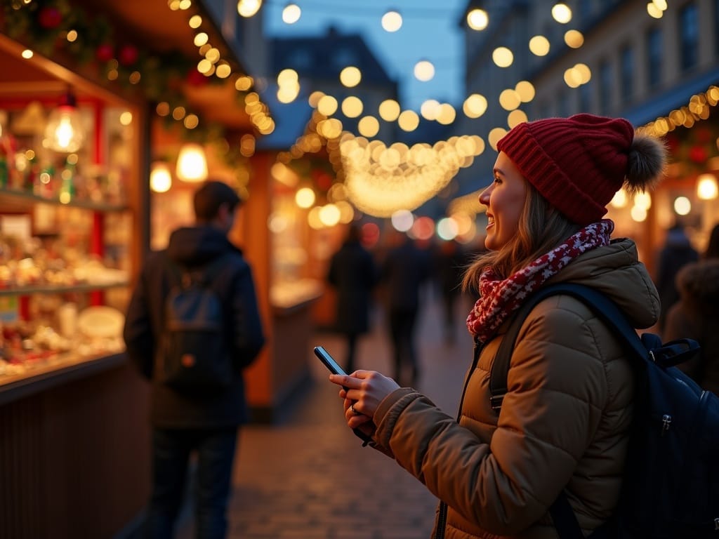 Famille française explorant un marché de Noël au Royaume-Uni sous les lumières festives du soir