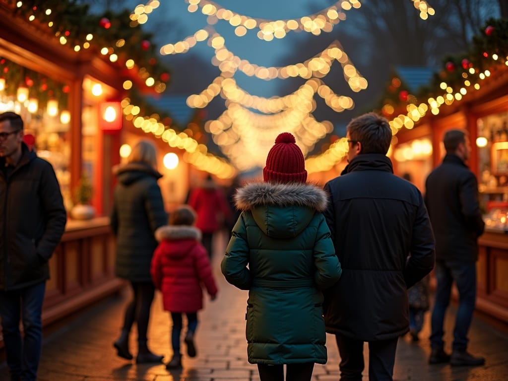 Famille française au marché de Noël au Royaume-Uni le soir sous les lumières festives