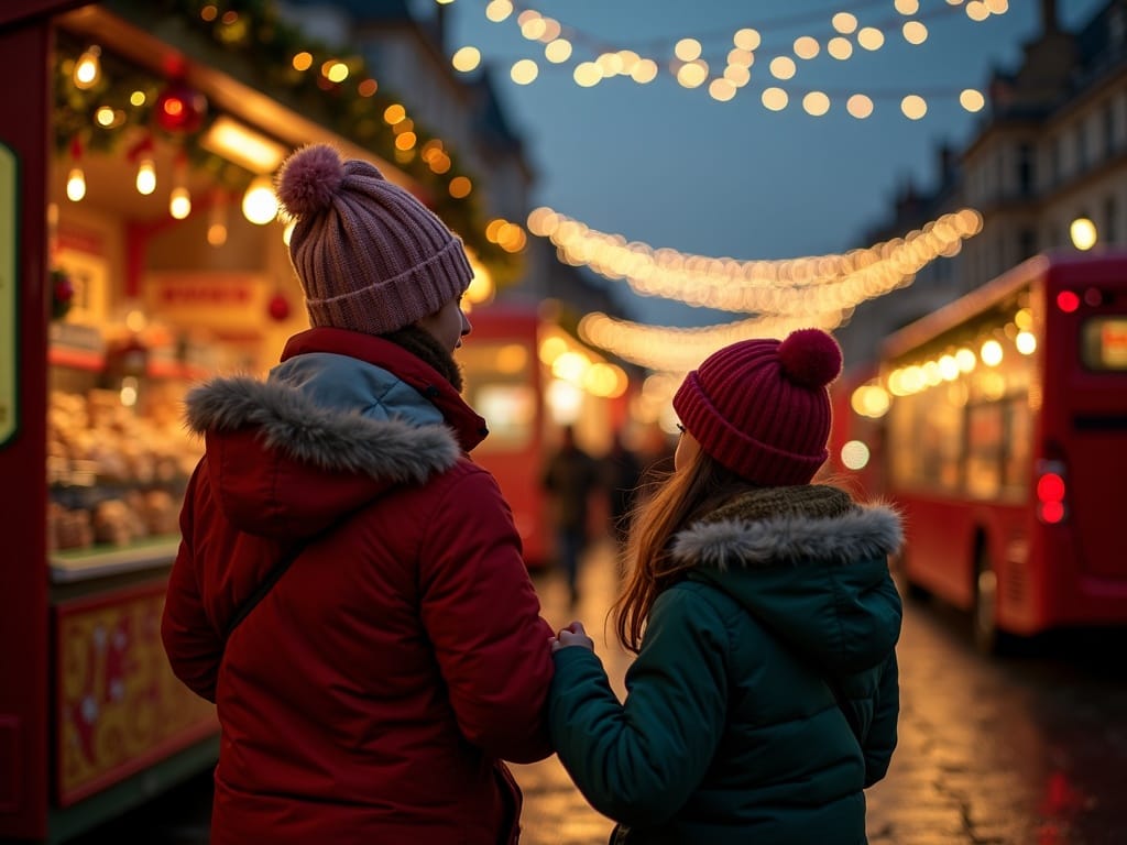 Famille française visitant un marché de Noël au Royaume-Uni en soirée