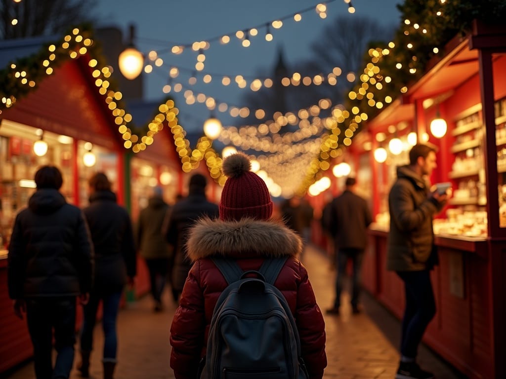 Famille française explorant un marché de Noël britannique aux lumières festives en soirée