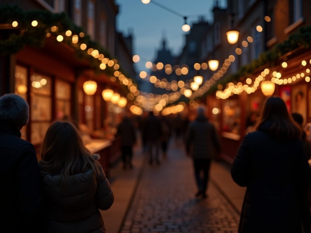 Famille visitant un marché de Noël britannique illuminé en soirée