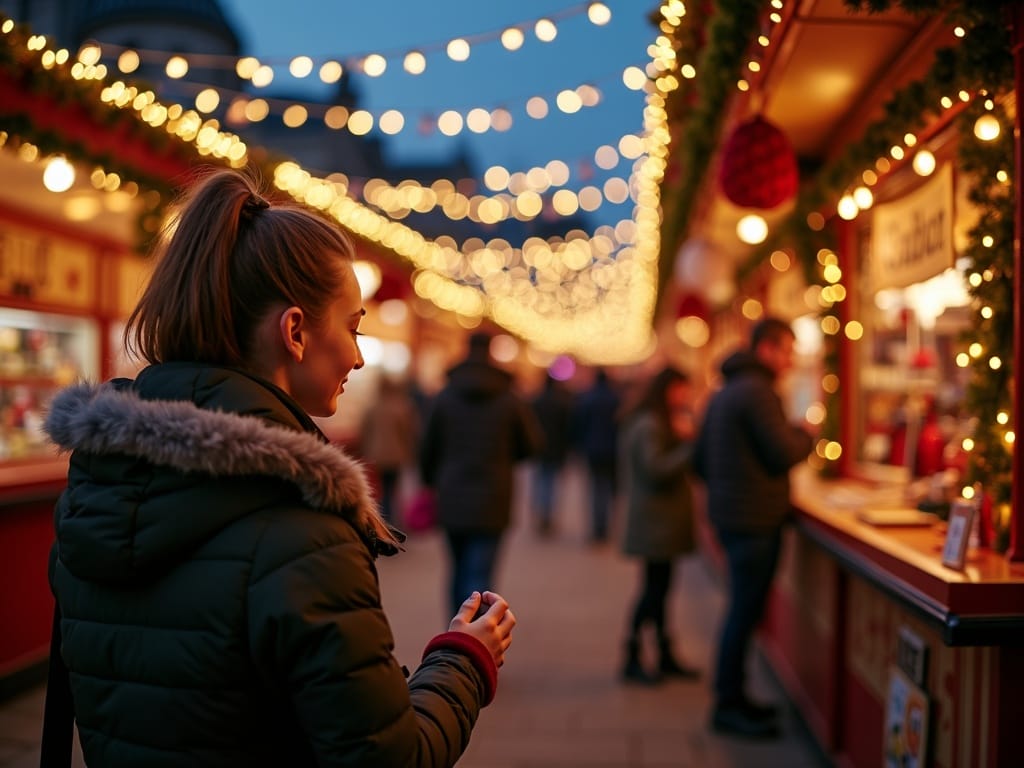 Famille française visitant un marché de Noël britannique en soirée