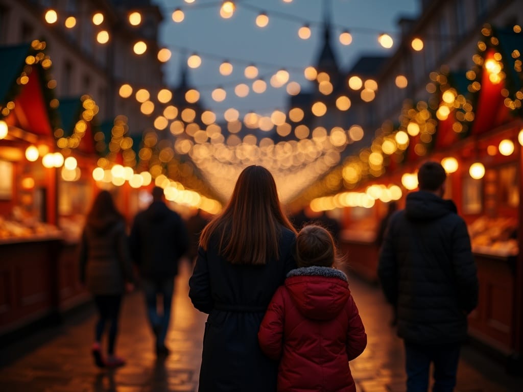 Famille française visitant un marché de Noël à Londres illuminé le soir