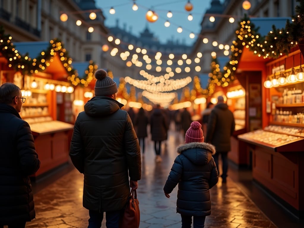 Famille française visitant un marché de Noël britannique sous des lumières festives