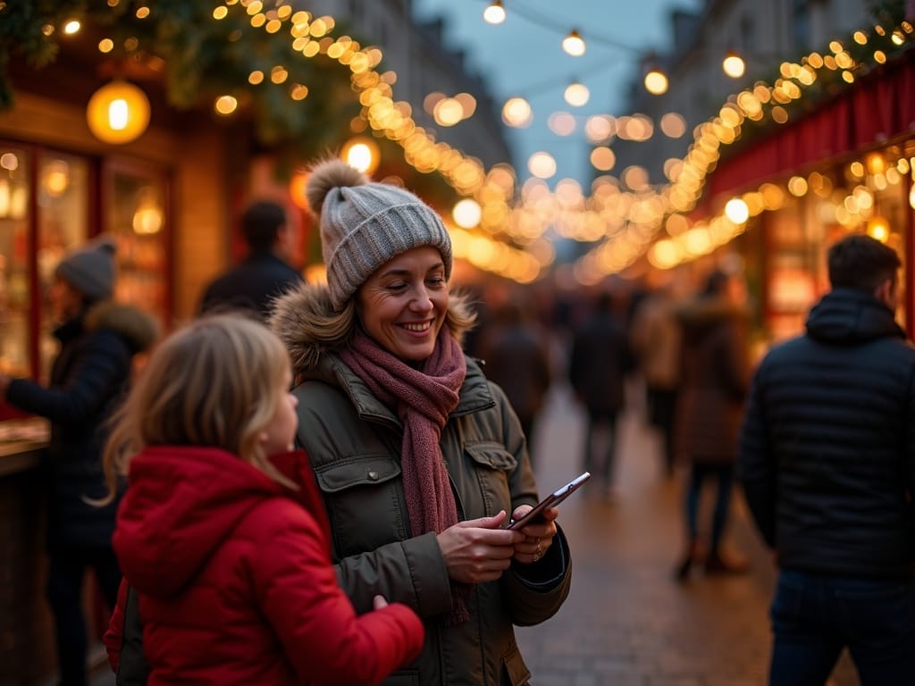 Famille française explorant un marché de Noël britannique illuminé le soir