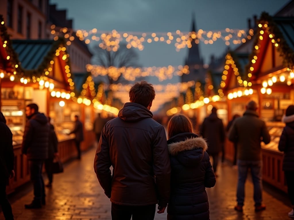 Famille française visitant un marché de Noël au Royaume-Uni le soir