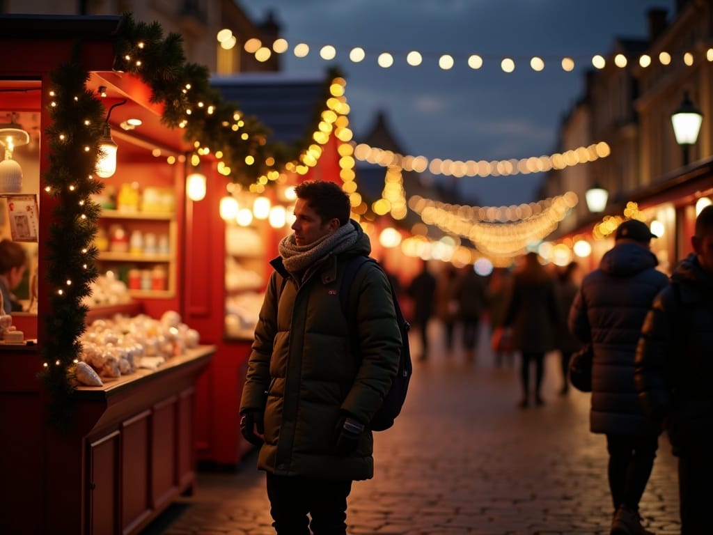 Famille française explorant un marché de Noël anglais illuminé le soir
