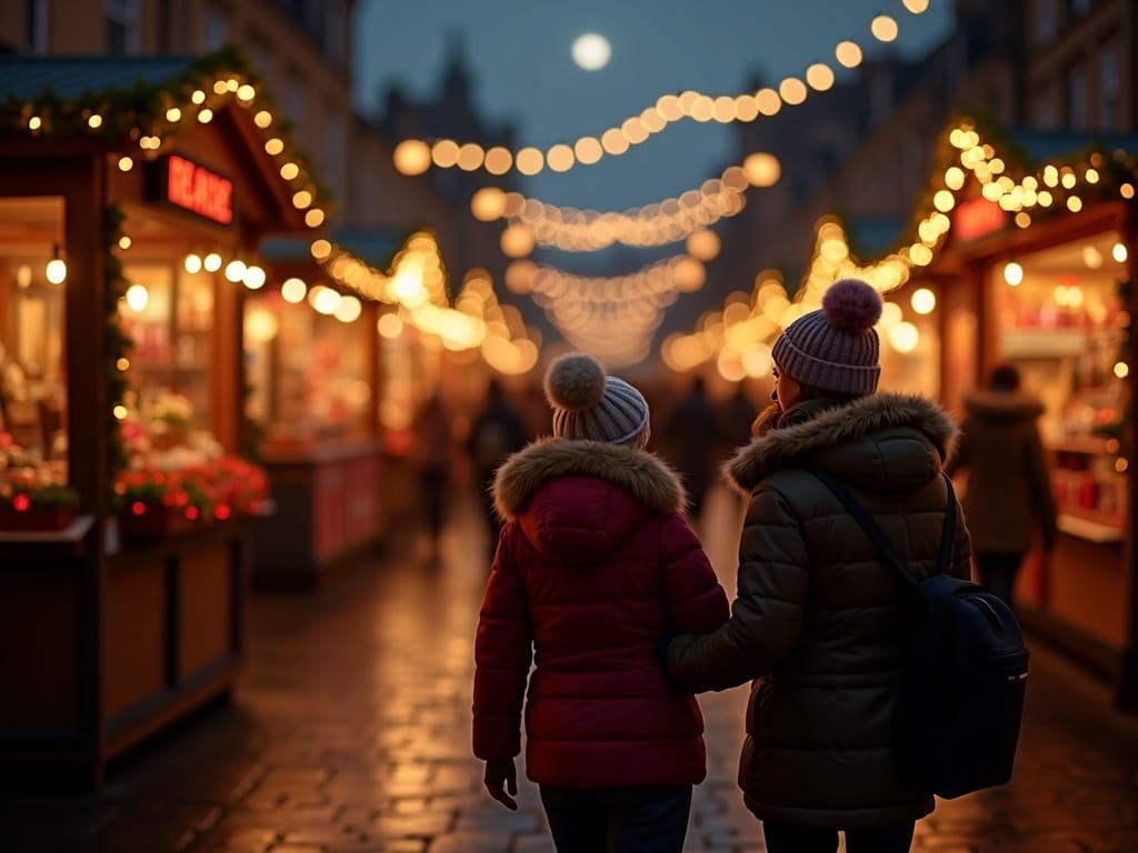 Famille explorant un marché de Noël britannique entourée de lumières festives rouges et dorées