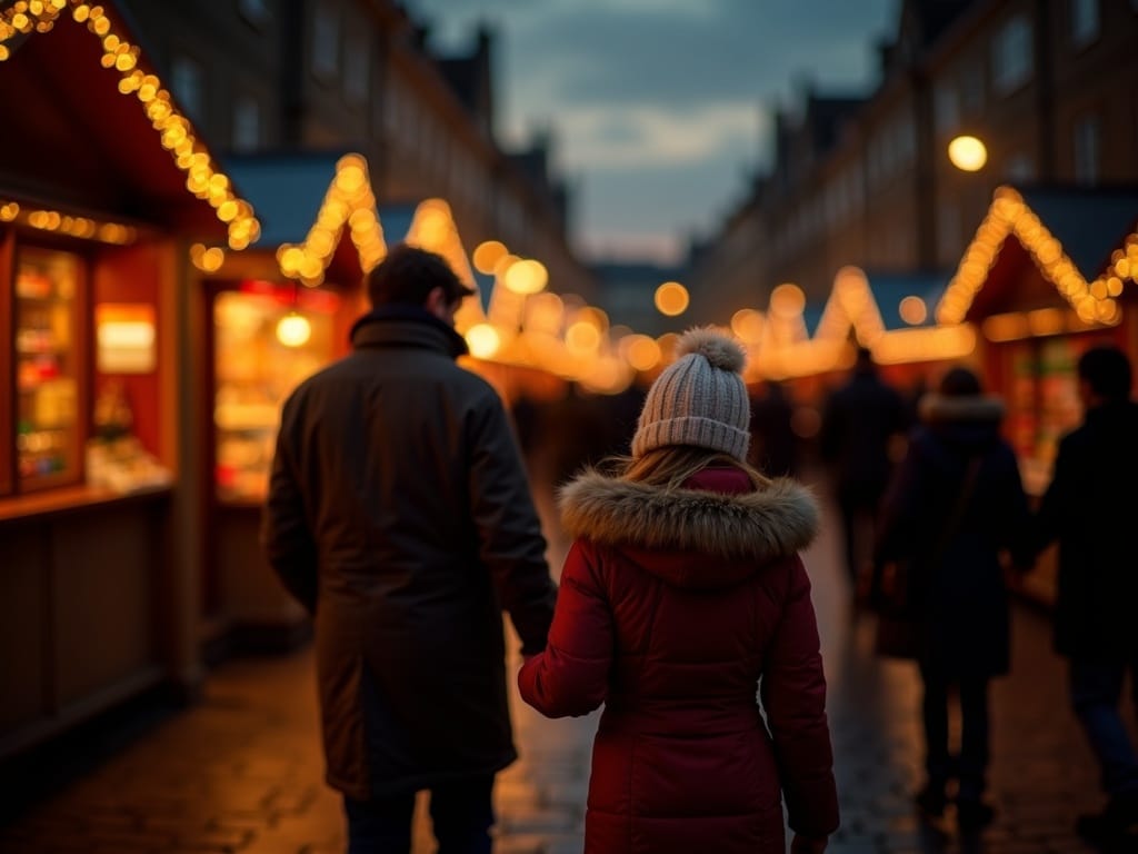 Famille explorant un marché de Noël britannique sous les lumières festives du soir