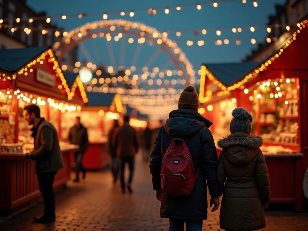 Famille visitant un marché de Noël au Royaume-Uni le soir avec des lumières festives