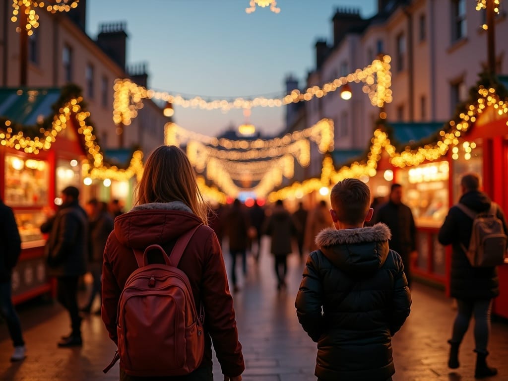 Famille visitant un marché de Noël au Royaume-Uni sous des lumières festives