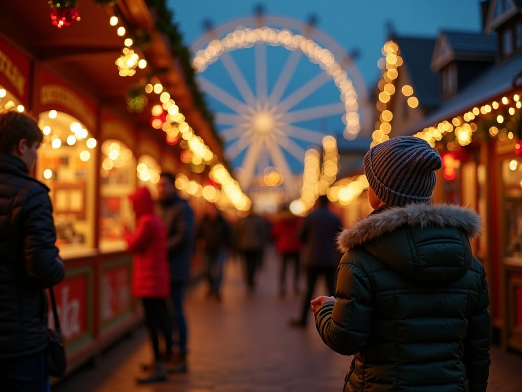 Famille explorant un marché de Noël à Brighton sous des lumières festives
