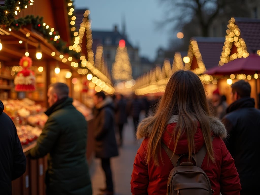 Famille explorant un marché de Noël au Royaume-Uni sous des lumières festives
