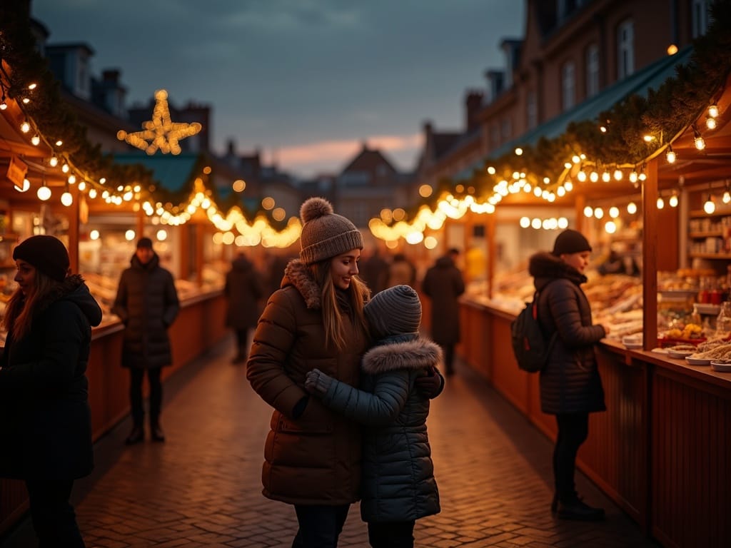 Famille visitant un marché de Noël britannique en soirée illuminée