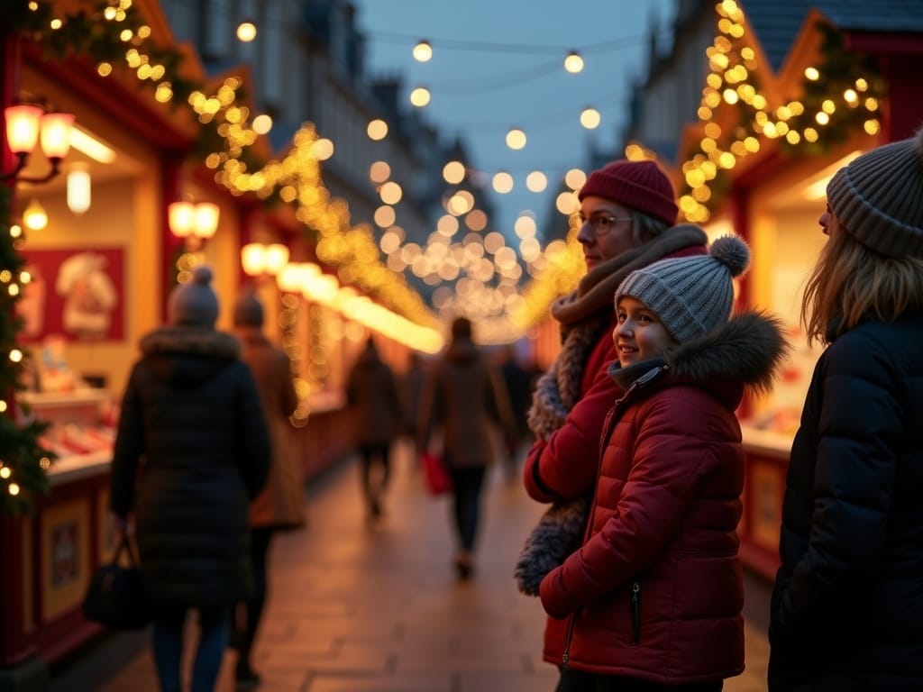 Famille visitant un marché de Noël britannique avec des lumières festives en soirée
