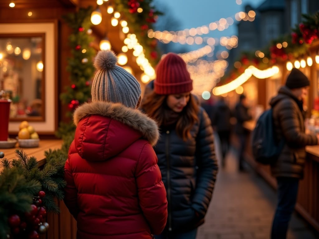 Famille française visitant un marché de Noël britannique en soirée illuminée